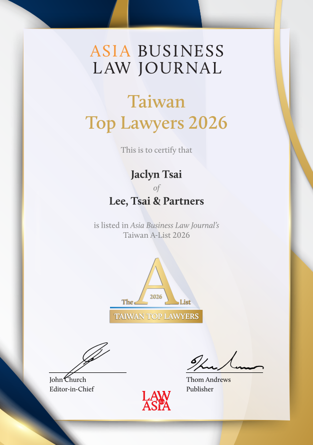 Jaclyn Tsai has been named as one of Taiwan's Top Lawyers for 2026 by Asia Business Law Journal.(2)